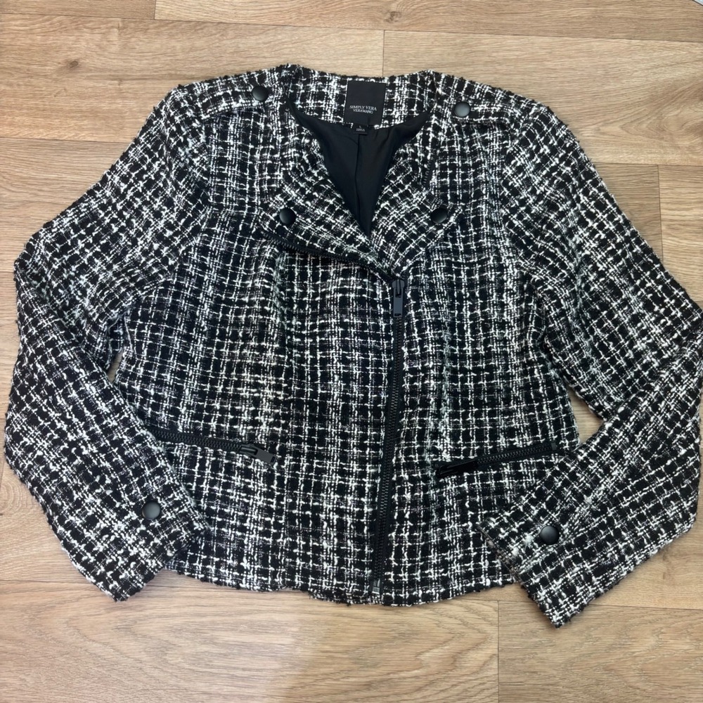 Simply Vera Vera Wang Black White Tweed Moto Jacket Large Zip Front Boucle